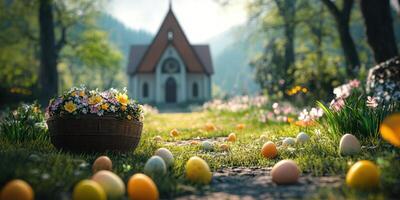 Colorful eggs scattered on a grassy path leading to a charming house surrounded by trees and flowers during springtime photo