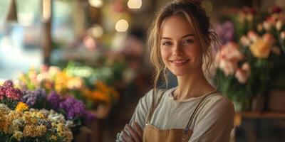 Smiling woman with flowers in a vibrant market on a sunny day enjoying her work photo
