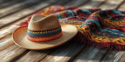 Colorful straw hat and woven blanket on wooden surface in a warm, sunny setting photo