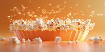 Popcorn bursts with popping kernels and droplets in a vibrant orange setting during a movie night photo
