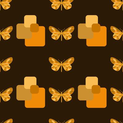 Seamless pattern with golden butterflies and geometric shapes on a brown background. Elegant, modern, and stylish design, ideal for textiles, wallpapers, and decor