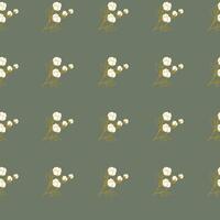 Seamless pattern with delicate hand-drawn cotton flowers on a green background. Perfect for fabric, wallpaper, wrapping paper, and stationery. vector