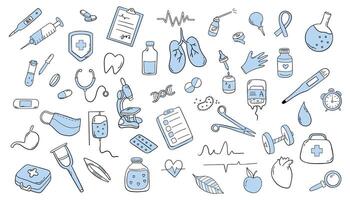 Hand drawn doodles, isolated objects. Healthcare and medicine illustration. vector