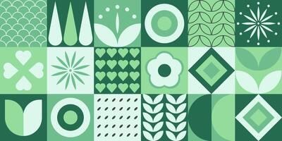 Geometric banner with simple geometric shapes and figures and symbols. Retro background with tiles, forms and flowers. illustration. vector