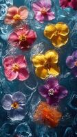 Colorful flowers floating on water surrounded by ice, creating a vibrant and refreshing display in a serene setting photo