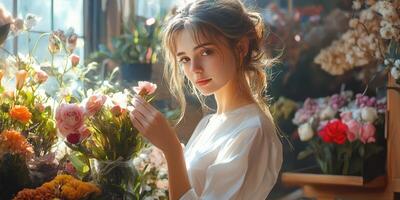 Young woman surrounded by blooming flowers in a vibrant floral shop during golden hour photo