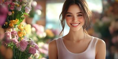 Young woman smiles brightly in a flower shop filled with colorful blooms during the daytime photo