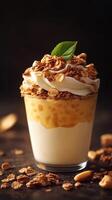 Delicious dessert cup with creamy layers, oats, and mint garnish perfect for summer treats photo