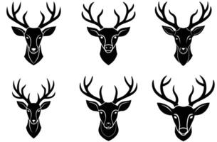 Set of Black Deer Head Silhouettes with Antlers on White Background vector