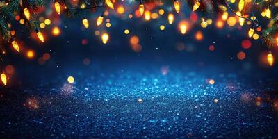 Vibrant holiday lights illuminate a sparkling winter background during a festive celebration photo