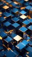 Reflective metallic cubes create intricate patterns in blue and gold shades in a vibrant abstract design photo