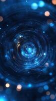 Deep blue abstract swirls create a cosmic tunnel effect with glowing lights and vibrant energy photo