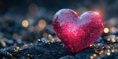 Glittering pink heart on a dark surface with soft bokeh background during evening light photo
