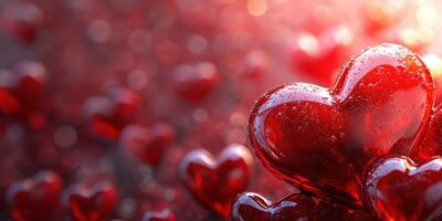 Vibrant red hearts scattered on a glossy surface reflecting warm light during a romantic celebration photo