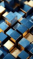 Colorful arrangement of blue and gold cubes creating a striking abstract design in a close-up view photo