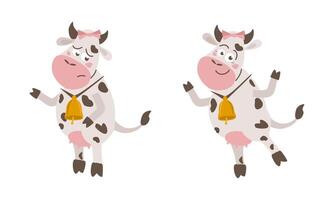 Sad and happy cartoon cows with bell on neck vector