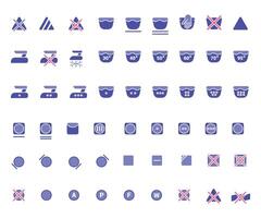 Laundry icons. Care clothes instructions on labels, machine or hand washing signs. Water, ironing and drying temperature symbols collection, textile and fabric types. line items isolated set vector