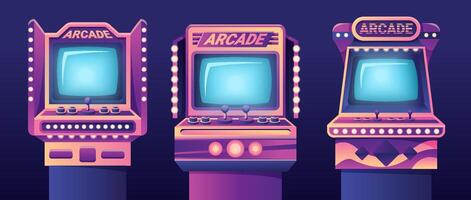 Arcade game machines set isolated on black background. cartoon illustration of retro computer gaming cabinet with buttons, joystick console, coin slots, menu options text on neon display vector