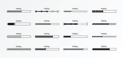 Progress load bar. Indicator of status download. Graphic icons of interface. Neon buttons of speed of upload. Set of web loaders with percent. Futuristic UI for website, game, internet vector