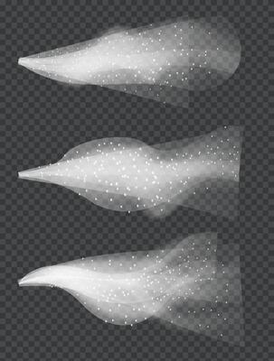 Water spray white smoke or fog dust and dots, mist of atomizer. Trigger Sprayer effect with spray or stream nozzles. Abstract dots clouds, blizzard. 3d elements illustration
