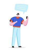 Social Networking Virtual Relationships Concept with Speech bubble. Flat People Characters Chatting via Internet Using Smartphone vector