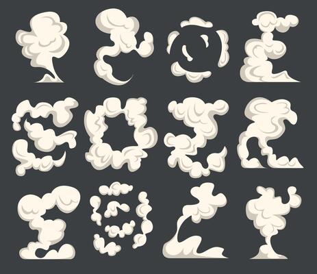 Cartoon smoke on wind, smoking comic kit. Explosion effect, cooking fog or fire smokes elements. White motion clouds, snugly steam set