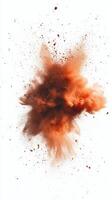 Dust cloud bursts in vivid shades of red and brown against a white background, creating a dramatic visual effect photo