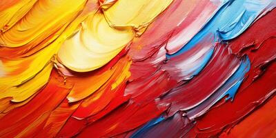 Colorful abstract painting with vibrant strokes blending yellow, red, and blue hues creating dynamic patterns photo