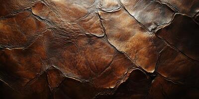 Detailed texture of rich brown leather showcasing natural patterns and imperfections in dim light photo