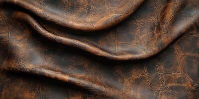 Textured brown leather fabric displaying natural folds and creases suitable for upholstery and fashion use photo