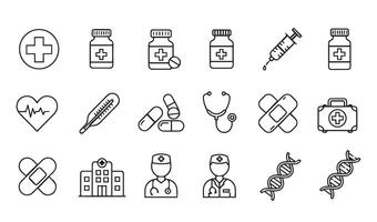High-Quality Set of Hospital Medical Medication and Healthcare Icons Line Art Silhouette Including Syringes Pills and Emergency Signs for Digital and Print Applications vector