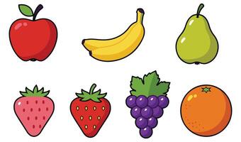 Healthy and Fresh Fruit Icon Set Featuring Apples Bananas Grapes and Citrus Fruits in a Playful Style vector