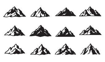 Stylized Mountain Line Art Icon Silhouette Set Showcasing Snow-Capped Peaks and Rugged Landscapes for Adventure and Travel Designs vector