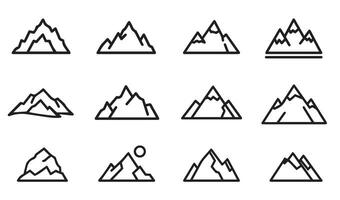 Creative Mountain Line Art Icon Silhouette Set with Scenic Views and Natural Elements for Hiking Camping and Wilderness Designs vector