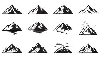 Modern Mountain Line Art Icon Silhouette Set Including High-Contrast Designs for Travel Adventure and Exploration Concepts vector