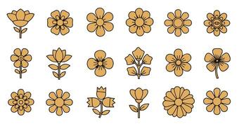 Luxury Colorful and Silhouette Groovy Floral Icon Set Featuring Gold and Black Botanical Illustrations for Elegant Designs vector