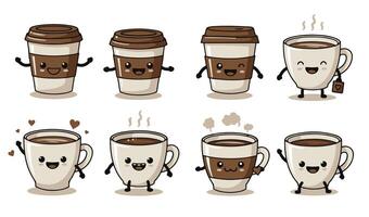 Cute Happy Coffee Cup Set Illustration Featuring Adorable Colorful Travel Mugs with Simple and Playful Designs Perfect for and Branding Projects vector