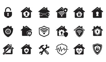 Modern Home Security and Maintenance Icon Collection Featuring WiFi Locks and Repair Tools vector