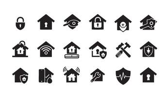 Black and White Home Protection Icon Set Showcasing Security Systems and Smart Technology Features vector