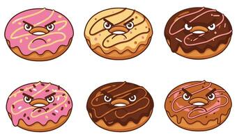 Creative Angry Donut Icon Set Highlighting Funny and Tasty Kawaii Food Characters with Colorful Glazes Chocolate Drizzles and Unique Emoji Style Faces for Vectors Art