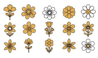 Flourishing Colorful and Silhouette Groovy Floral Icon Set Featuring Classic and Modern Flower Illustrations for Stylish Branding vector