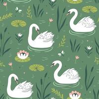 Seamless pattern with white swans on a pond. graphics. vector