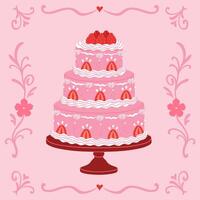 Tiered pink strawberry cake on a stand on a pink background. graphics. vector