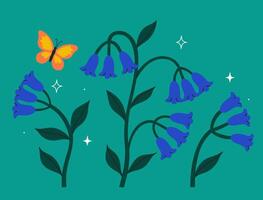 Postcard or poster with butterfly and blue bell flowers. graphics. vector