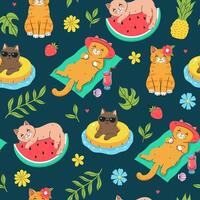 Seamless pattern with summer cats on vacation. graphics. vector