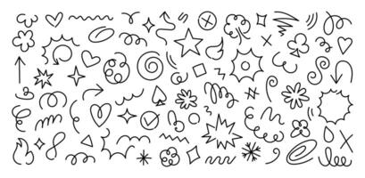 A set of scribbles, stickers and doodles in simple linear hand drawn style, cute drawings, monoline design elements for posters, social media, print, banners vector