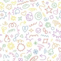 A vibrant seamless pattern featuring colorful hand-drawn doodles showcasing various playful and whimsical designs, perfect for creative backgrounds and artistic projects. vector