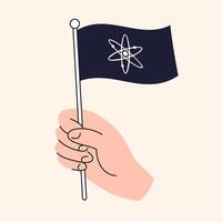 Hand Holding Black Cosmos Flag Representing Cryptocurrency and Blockchain Support, ATOM Token Symbol vector