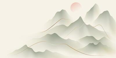 A mountain landscape with a red sun in the sky vector