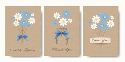 Poster Set with Blue Flower Jar and 3D Bow on Kraft Paper. Spring or Summer Cards with Bouquet on Cardboard Background. Brown Kraft Sheet Texture. Template with Floral on Vintage Parchment Background. vector